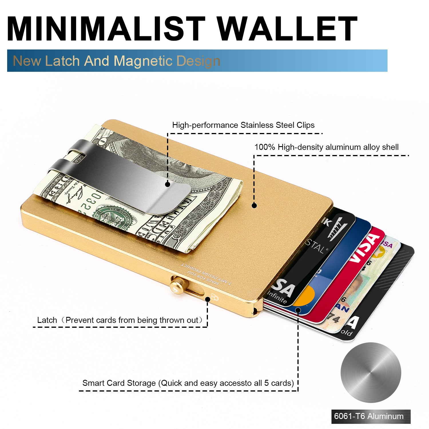 Minimalist Pop up Wallet with Money Clip, All Aluminum Slide Rfid Slim Card Holder