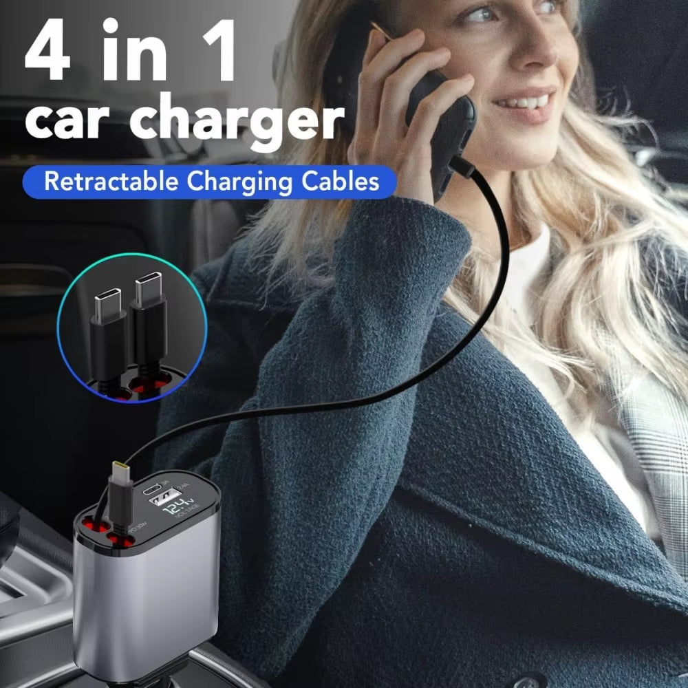 VoltRush™ 4-in-1 Retractable Car Charger – Fast Power, Zero Clutter